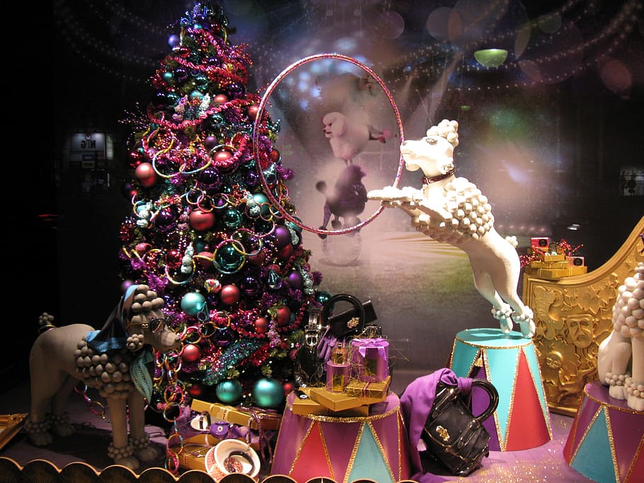 white, dog figurine, christmas tree, inside, room, window, merry christmas, dog, christmas, holiday