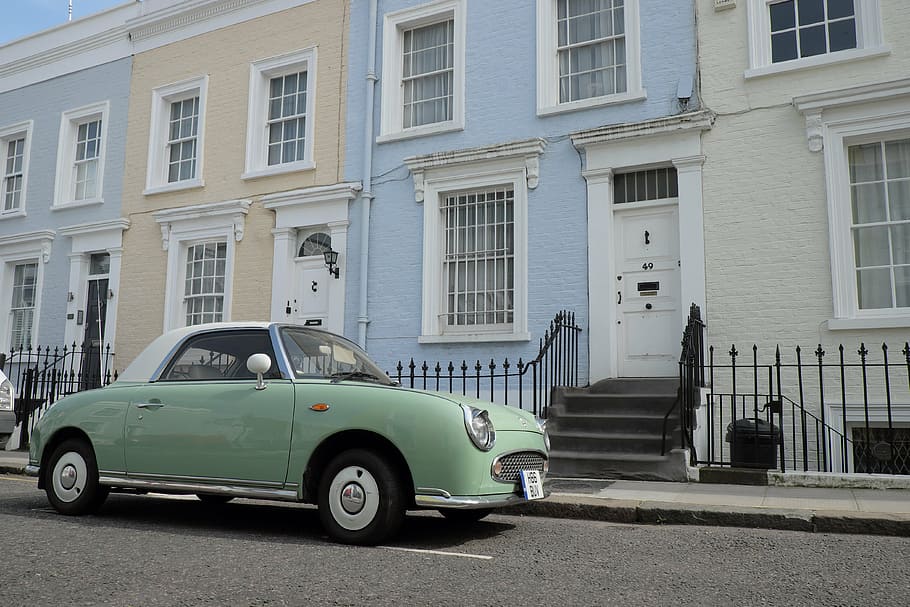 green coupe, elegant, car, notting hill, neighborhood, london, uk, england, residential, british