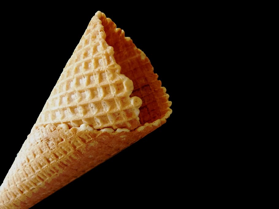 brown, ice cream sugar cone, ice cream cone, waffle, ice, delicious, ice ball, waffle cone, black background, studio shot