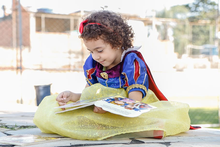 girl, snow, white, costume reading book, Disney, Snow White, Child, children only, one person, childhood