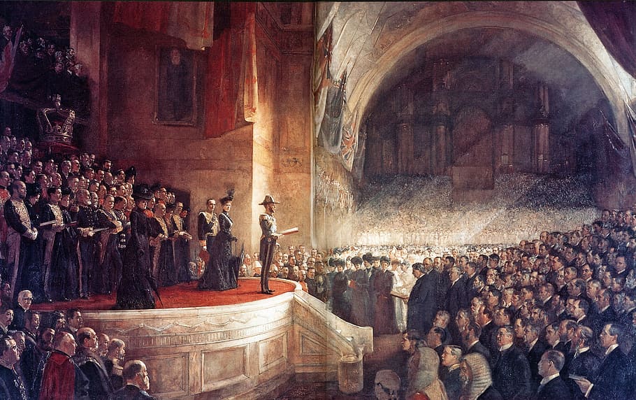 pembukaan, pertama, parlemen, 1901, Pembukaan Parlemen pertama, Parlemen Australia, Melbourne, Victoria, audiens, Australia