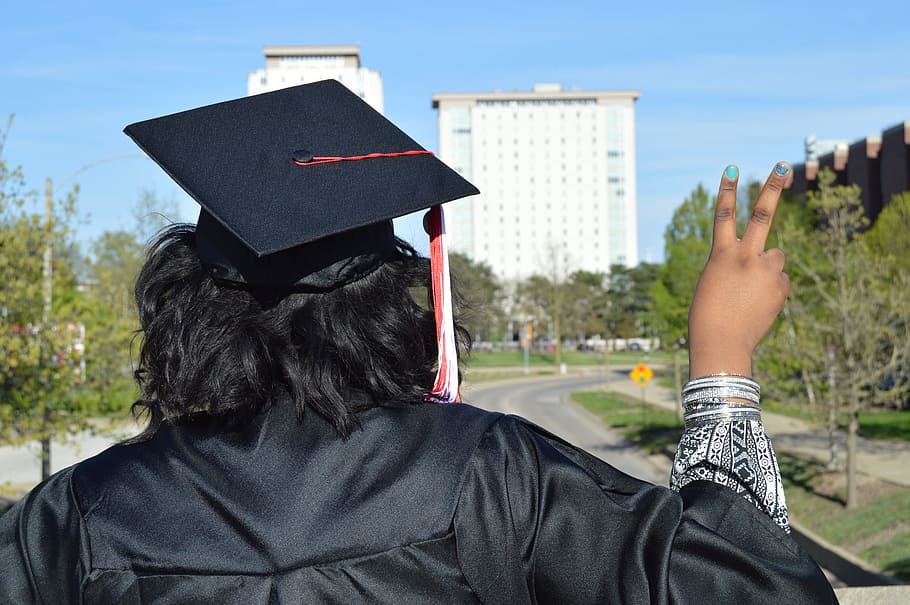 man, black, graduation gown, making, peace sign, peace, graduation, college, rear view, real people