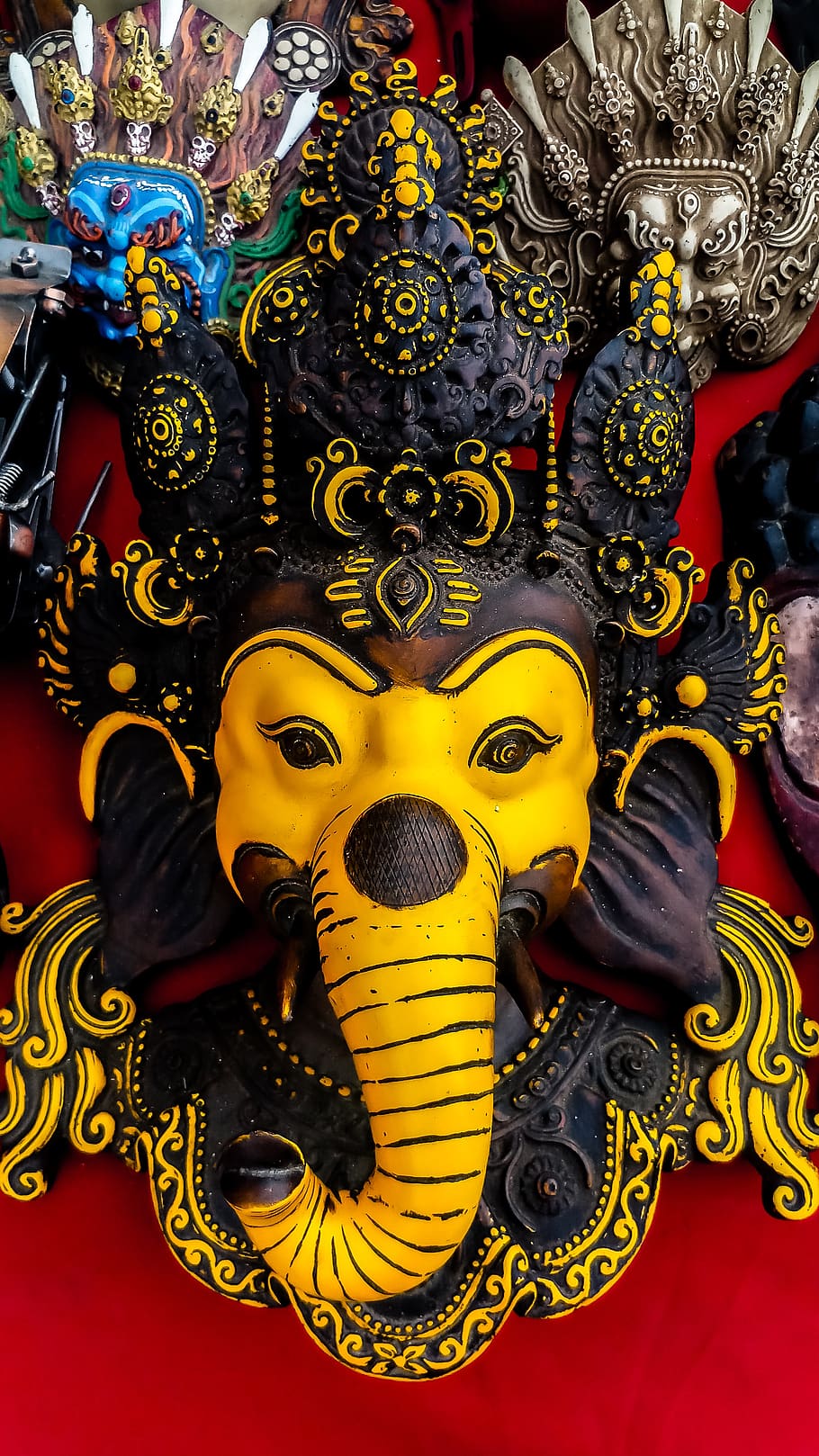 Nepal, Patan, antigua, adoración, estatua, máscara, deidad, Dios, Ganesha, Ganesh