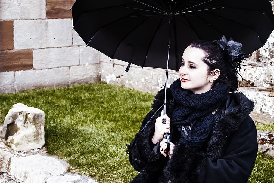 gothic, pose, umbrella, woman, whitby goth weekend, one person, young adult, real people, young women, lifestyles