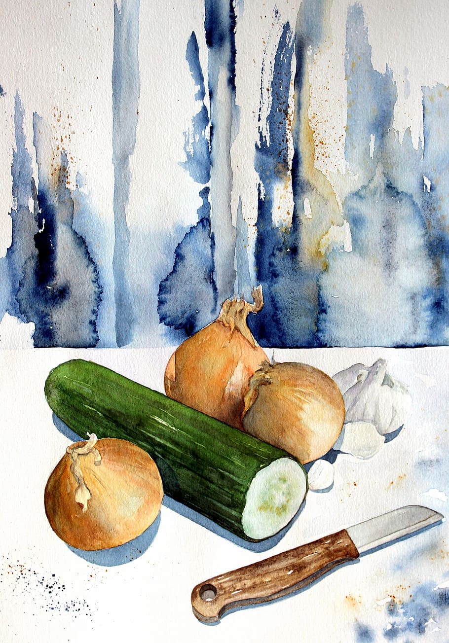 watercolour, painting, art, watercolor, cucumber, onion, vegetables, food, eat, green