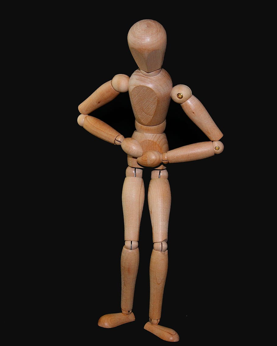 brown, wooden, puppet, standing, black, surface, figure, man, stand, bellyache