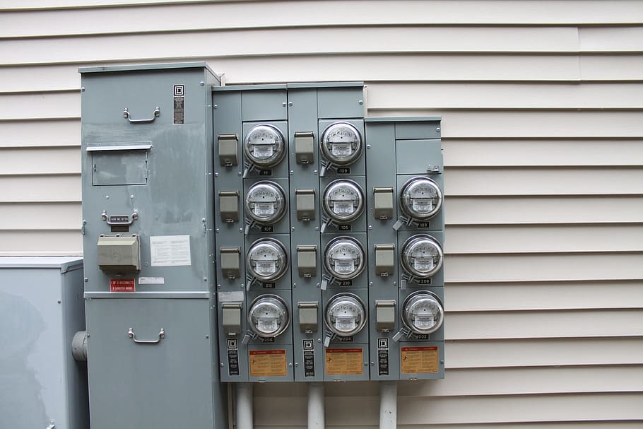 Meter, Electric, Building, electric, building, tan, siding, control panel, industry, technology, close-up