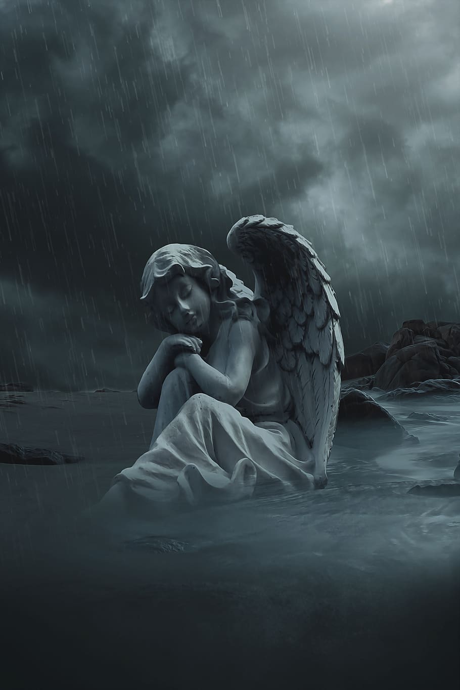 angel, rain, rocks, fantasy, dark, sculpture, female, wings, sky, clouds