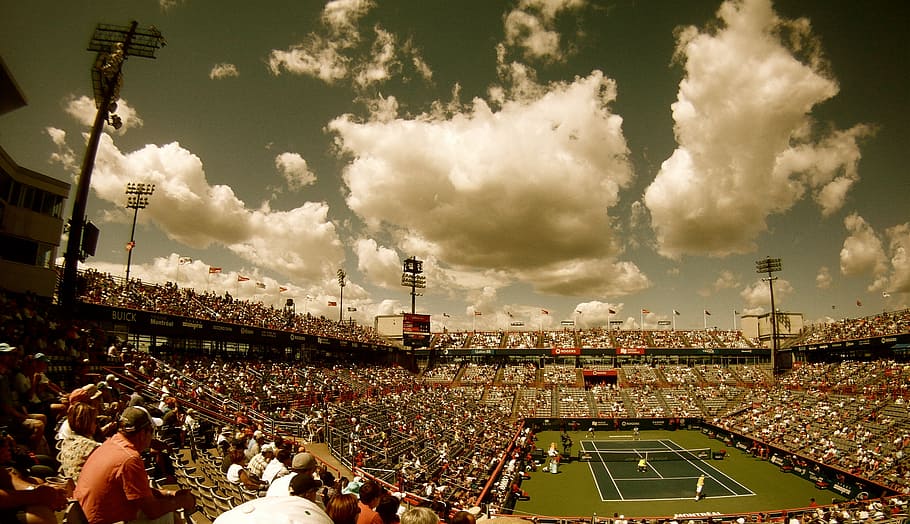 crowd, people, sitting, bench, lawn, tennis, stadium, daytime, court, spectators