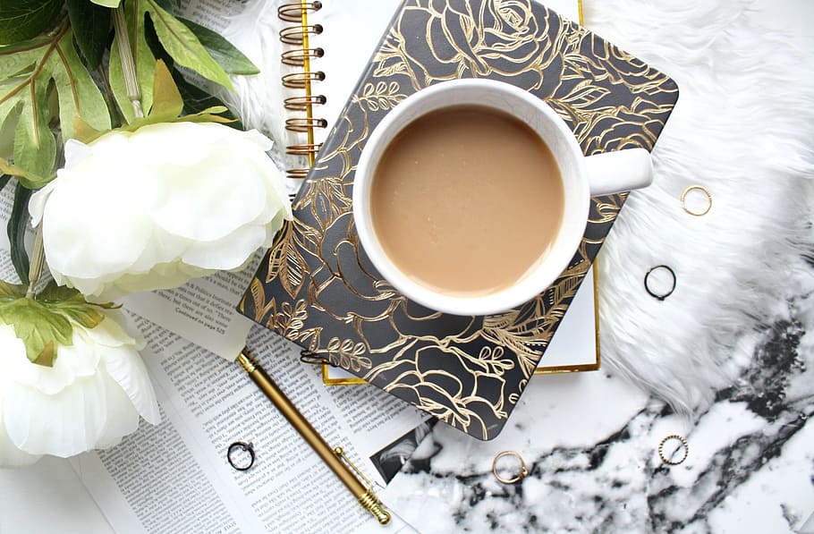 coffee, white, peonies, desk, tea, flowers, rings, notebook, workplace, marble
