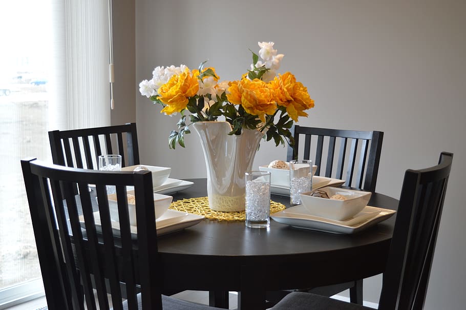 yellow, white, flowers, top, table, dining table, dining room, furniture, chairs, seating