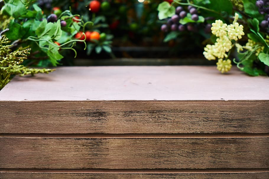 meja kayu coklat, papan serat kayu, kayu, tanaman, taman, musim semi, bunga, alam, hijau, makro