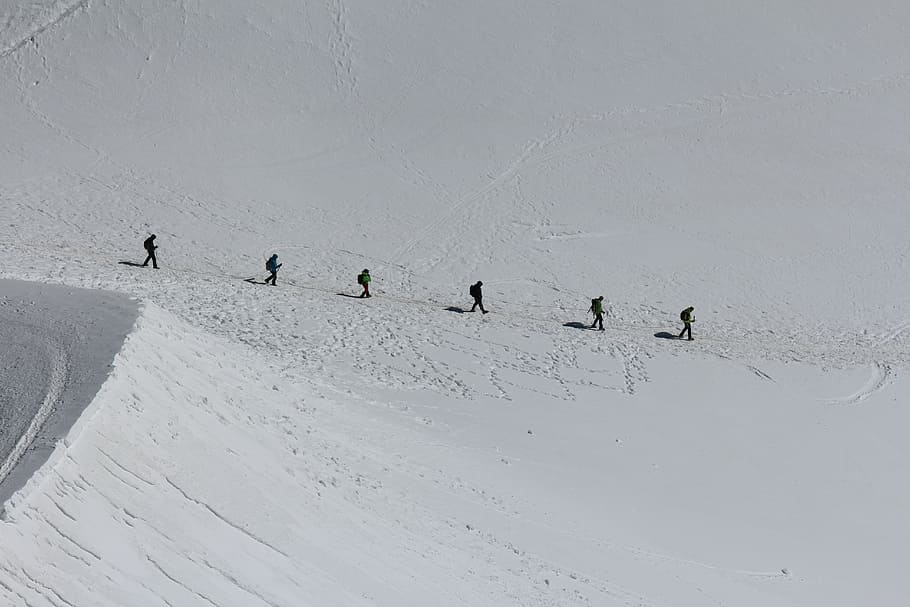 enam, orang, berjalan, salju, mont blanc, pendakian gunung, mendaki, sekelompok orang, hiking, ekspedisi