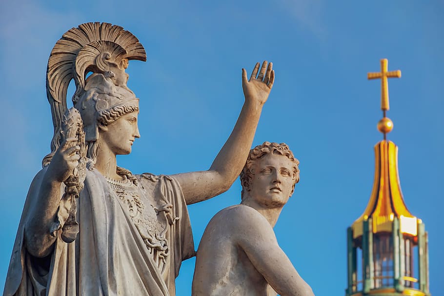 statue near cathedral, monument, sculpture, greek gods figures, carrara marble, artwork, greek ancient, bridge jewelry, closed bridge, goddess of victory nike