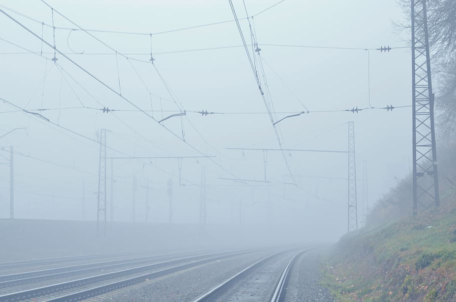 nevoeiro, umidade, estrada de ferro, trilhos, fio, mastro, estrada para lugar nenhum, ar, perspectiva aérea, neblina