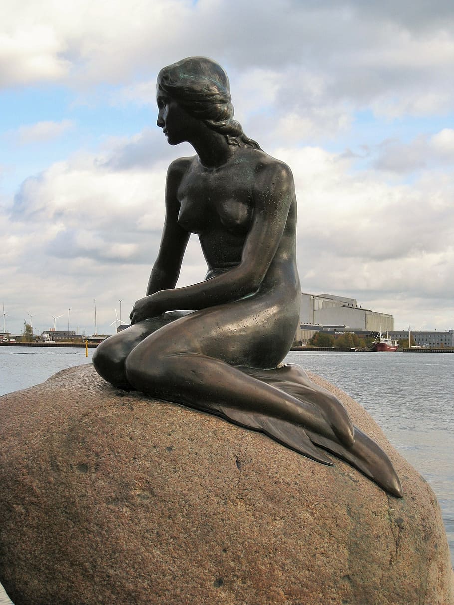 cinza, estátua da sereia, marrom, pedra, Copenhague, pequena sereia, locais de interesse, Dinamarca, Escandinávia, vale a pena visitar