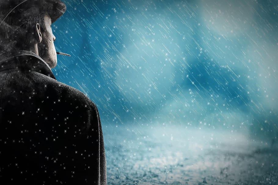 manusia, hujan, hujan salju, sendirian, rokok, topi, bayangan hitam, kesepian, suasana hati, pria