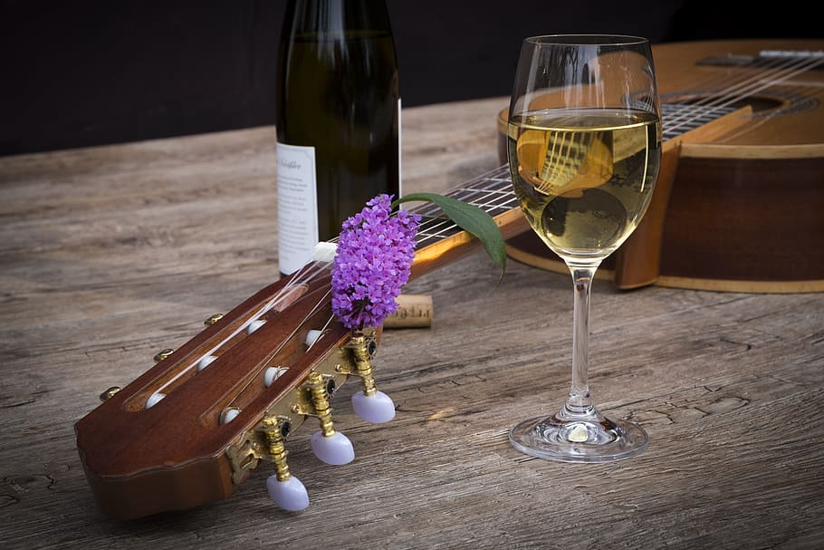 Marrón, clásico, guitarra, copa de vino, botella, vino, bebida, alcohol, botella de vino, vidrio