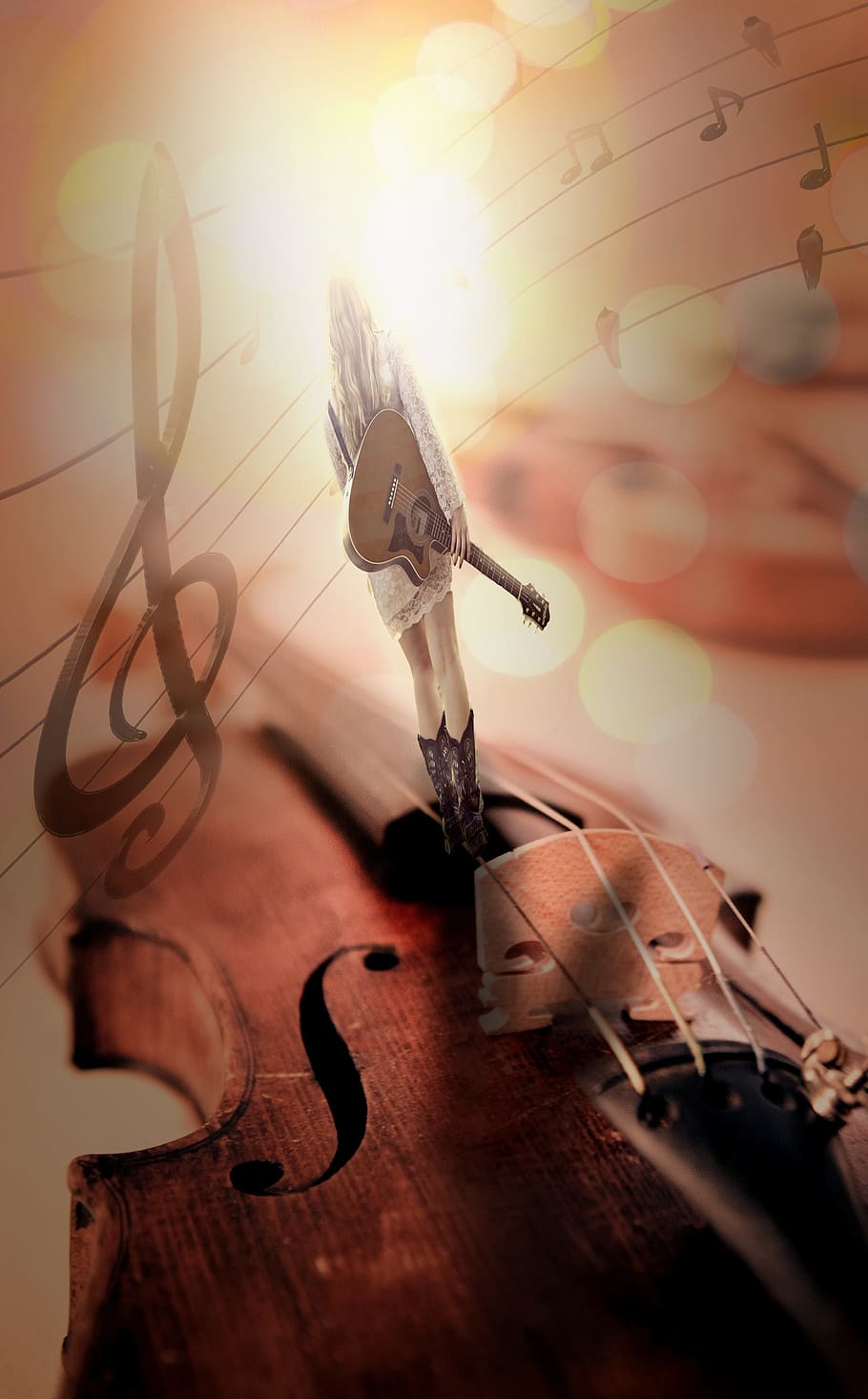 music-themed digital wallpaper, music, guitar, violin, strings, stringed instrument, musician, play guitar, musical instrument, photo montage