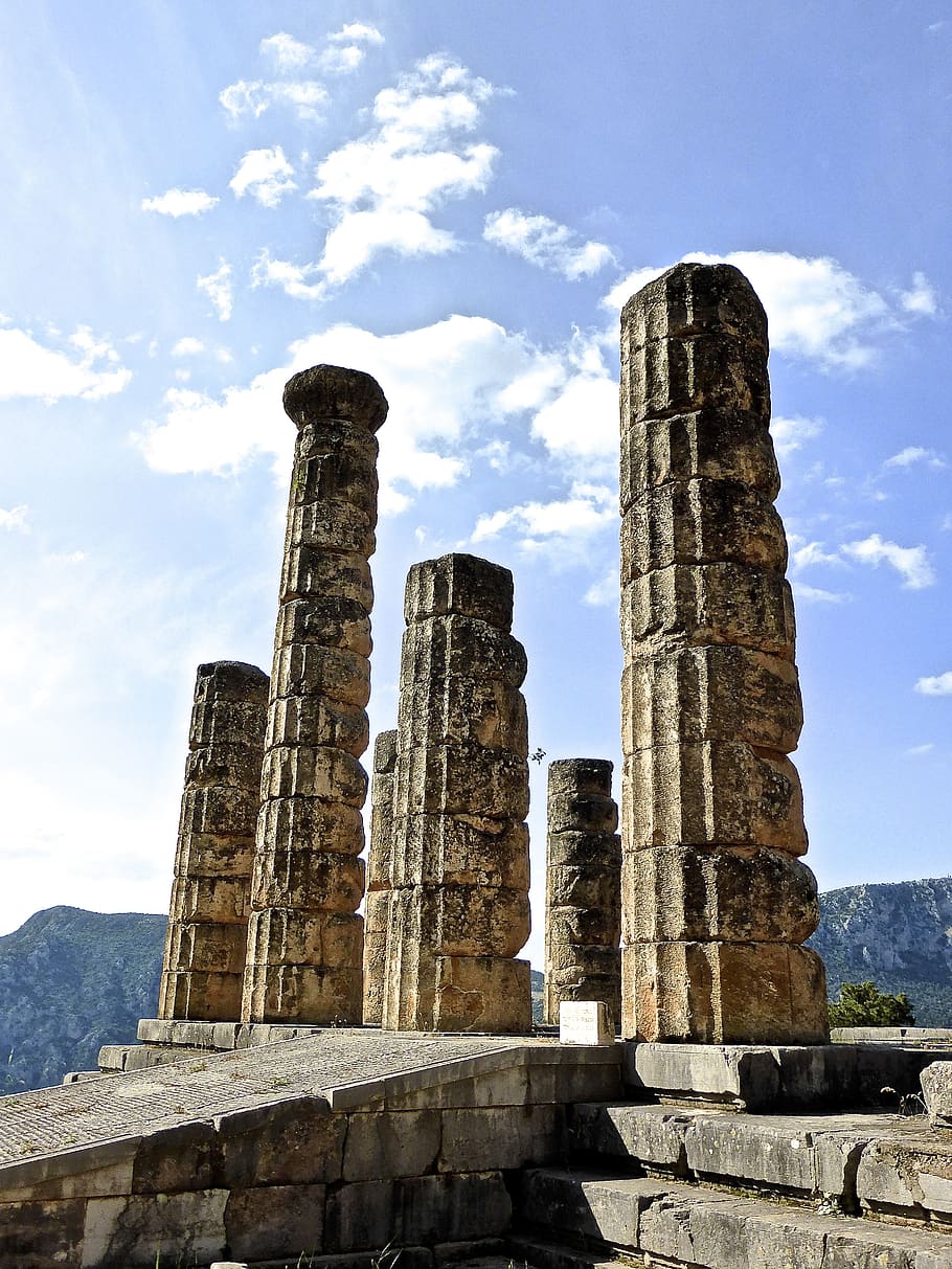 columns, delphi, ruins, roman, ancient, classical, heritage, greece, temple, marble