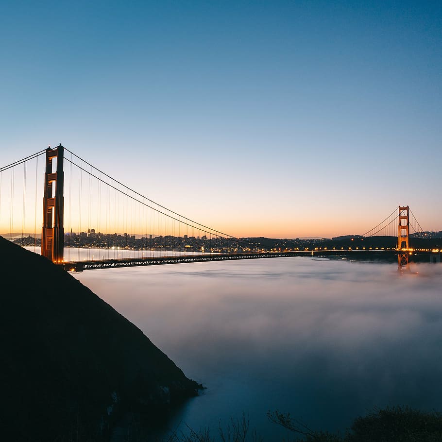 золотой, ворота, Сан-Франциско, мост, Синий, небо, архитектура, состав, море, океан