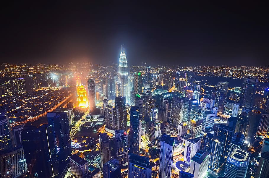 aéreo, fotografía, edificio de la ciudad, noche, Kuala Lumpur, Malasia, Vida nocturna, paisaje urbano, ciudad, asia