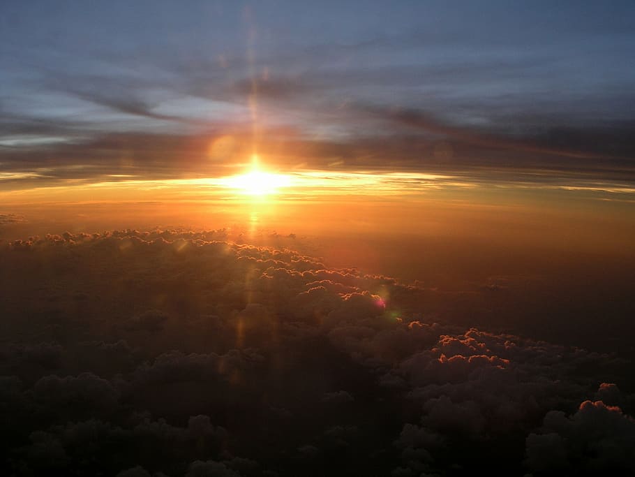 航空写真, ビュー写真, 雲, 日没, 空, 夕方, 旅行, 地平線, オレンジ, カラフル