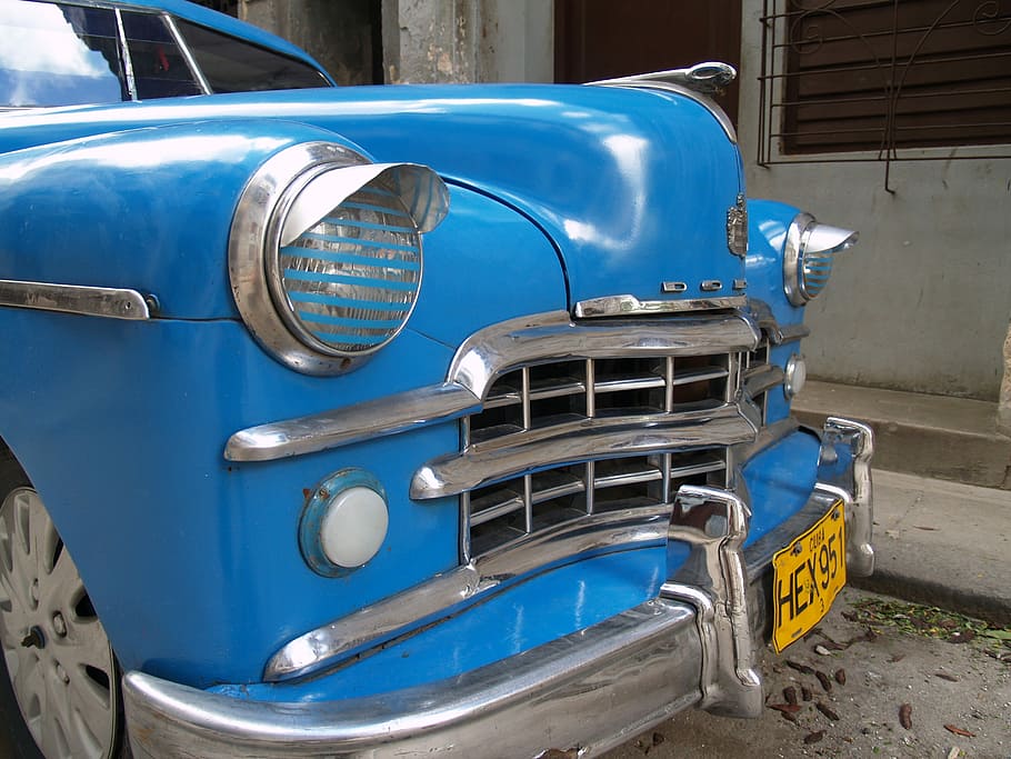 mobil biru vintage, Kuba, Havana, Auto, Veteran, Dodge, halogen, sejarah, jalan, lampu
