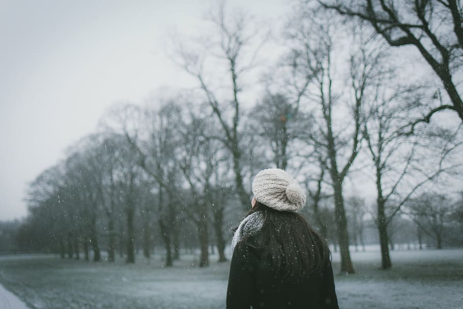 セレクティブ, フォーカス写真, 女性, 立っている, 木, 近く, 枯れた, 雪, 時間, 女の子