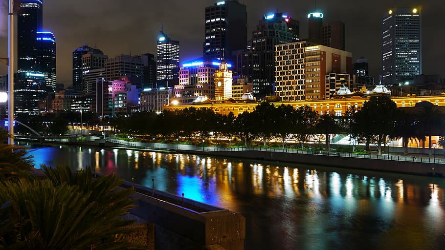 Melbourne, noche, Yarra, horizonte, río, arquitectura, iluminado, ciudad, estructura construida, exterior del edificio