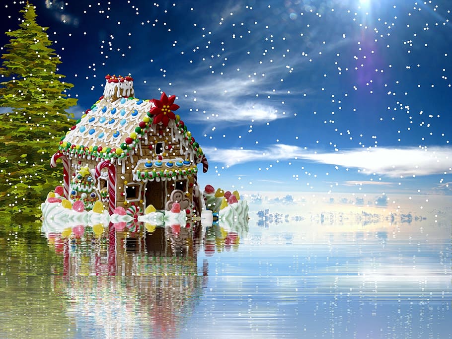 white, brown, pink, house, graphic, wallpaper, christmas, gingerbread, snow, advent