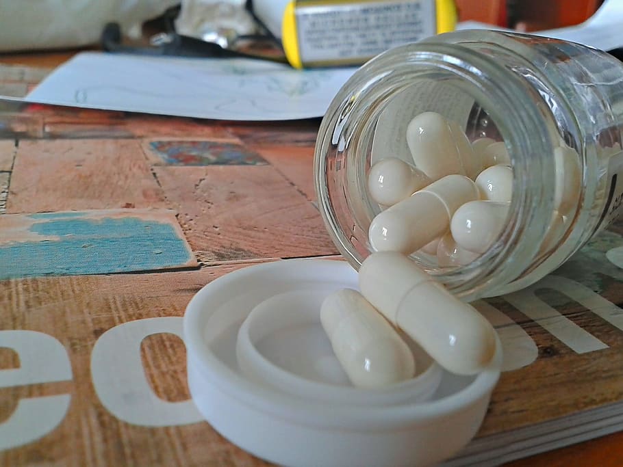 white, medication pills, inside, clear, glass jar, Pill, Bottle, Medicine, pills, pill bottle