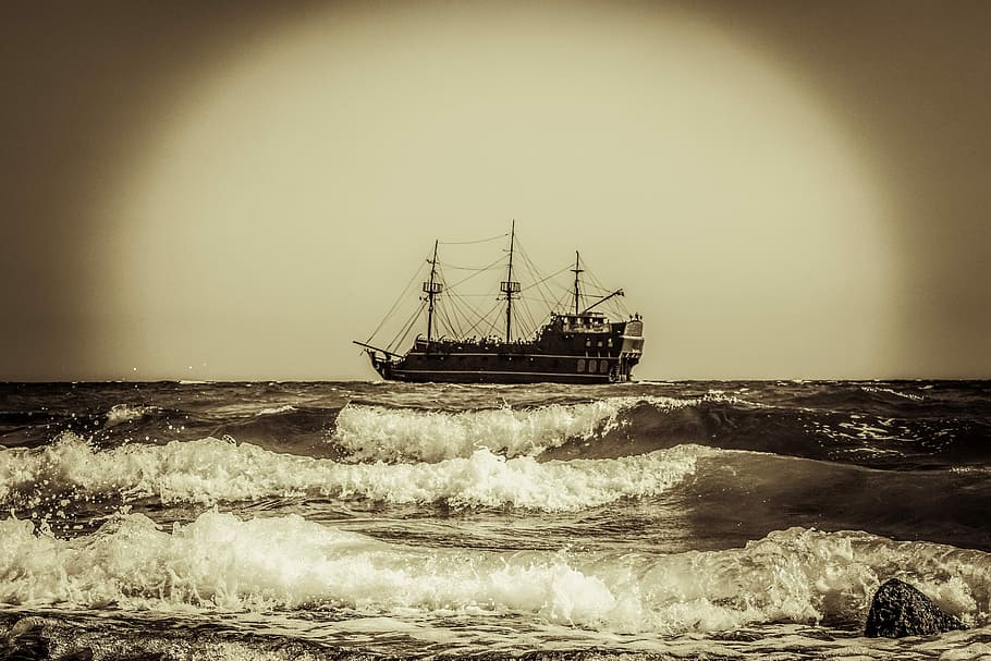 Acorazado, barco pirata, velero, buque de guerra, aventura, olas, mar, barco náutico, ola, anticuado