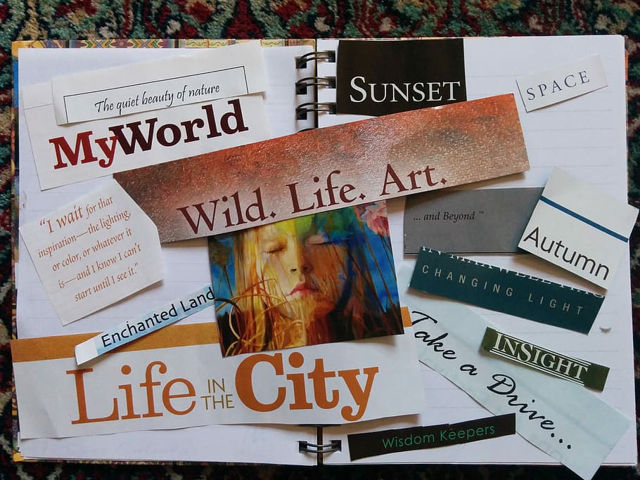 assorted, cut, paper, quotes, pasted, book, cut paper, vision board, manifestation, scrapbook