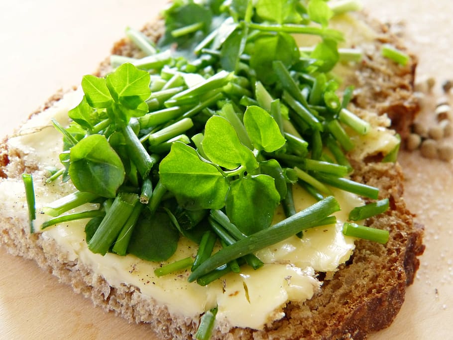 sliced, vegetables, wheat breads, watercress, chives, bread and butter, salt, pepper, bread, food