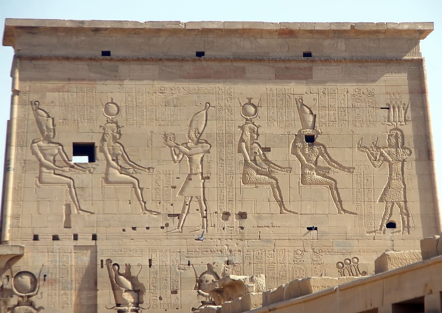 Egipto, Asuán, Filadelfia, templo, pilón, jeroglíficos, grabado, divinidades, faraón, arte