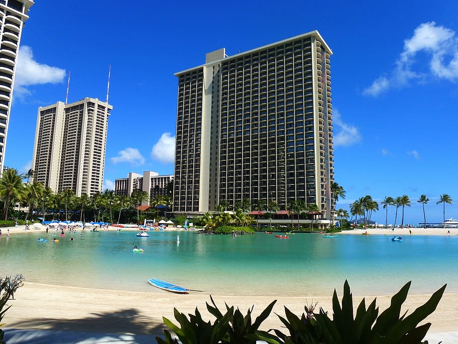 Havaí, praia, férias, verão, oceano, relaxar, ensolarado, exterior do edifício, agua, arquitetura