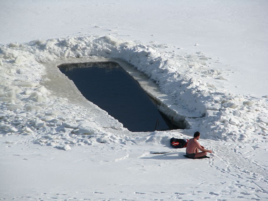 winter, frost, day, ice hole, bathing, river, ice, snow, cold, rime