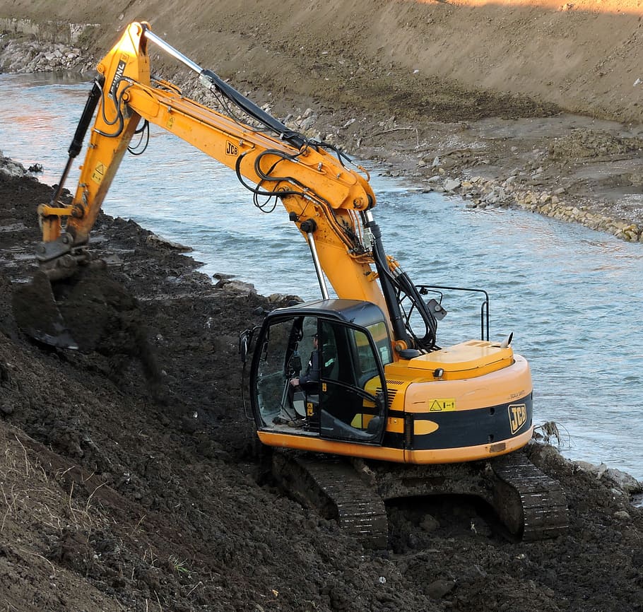 excavator, river, torrent, machinery, earthmoving, levee, excavation, tracked, revolving, construction machinery