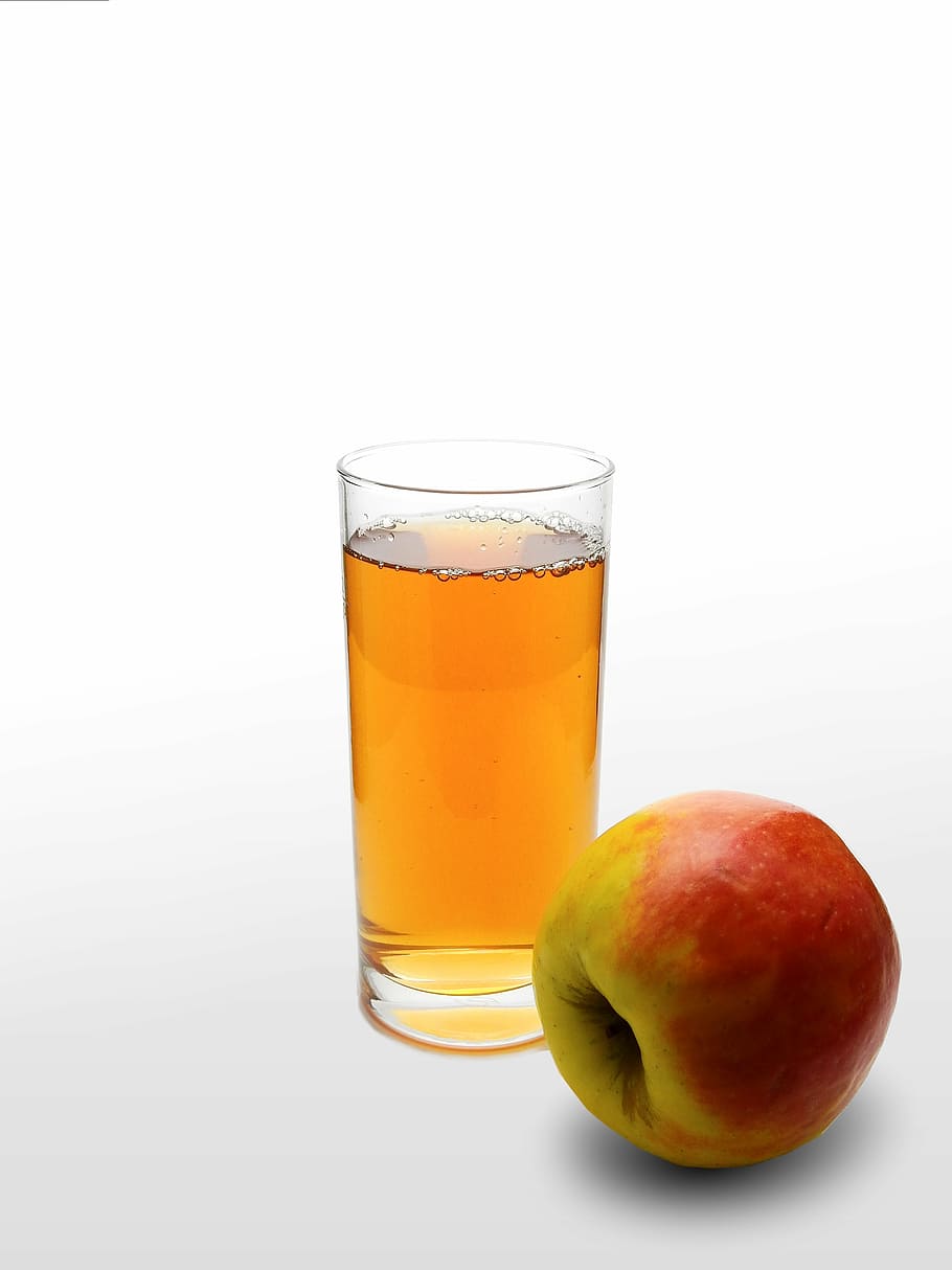 clear, glass cup, orange, filled, juice, apple, glass, drink, refreshment, nature