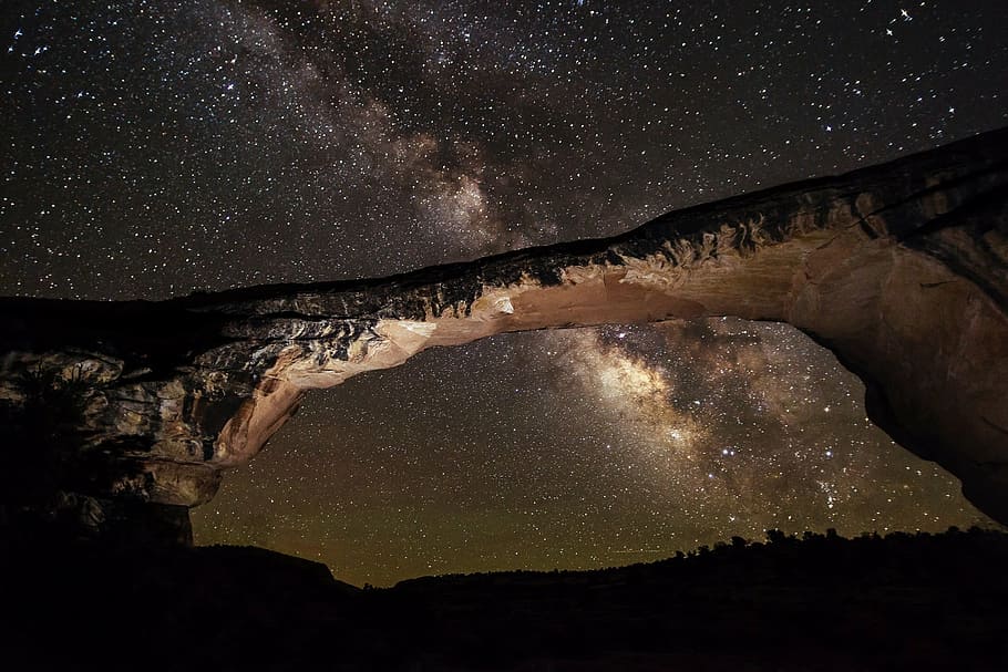 rock formation, starry sky, owachomo bridge, natural, night, stars, landscape, starry, nature, colorful