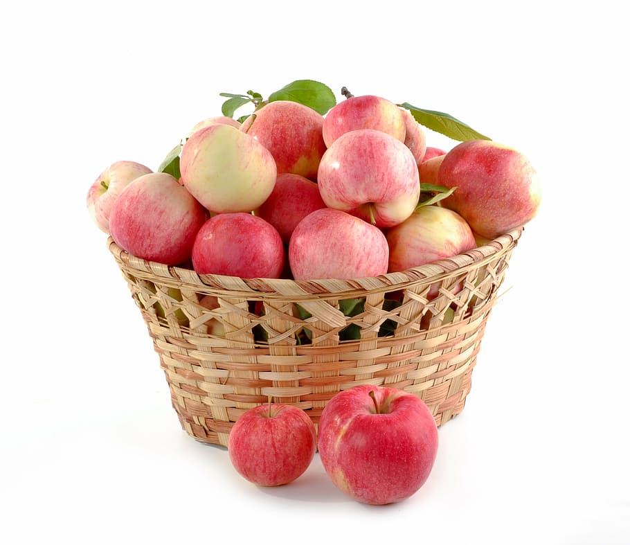 red, apples, brown, wicker basket, basket full, set, crop, food, fruit, autumn