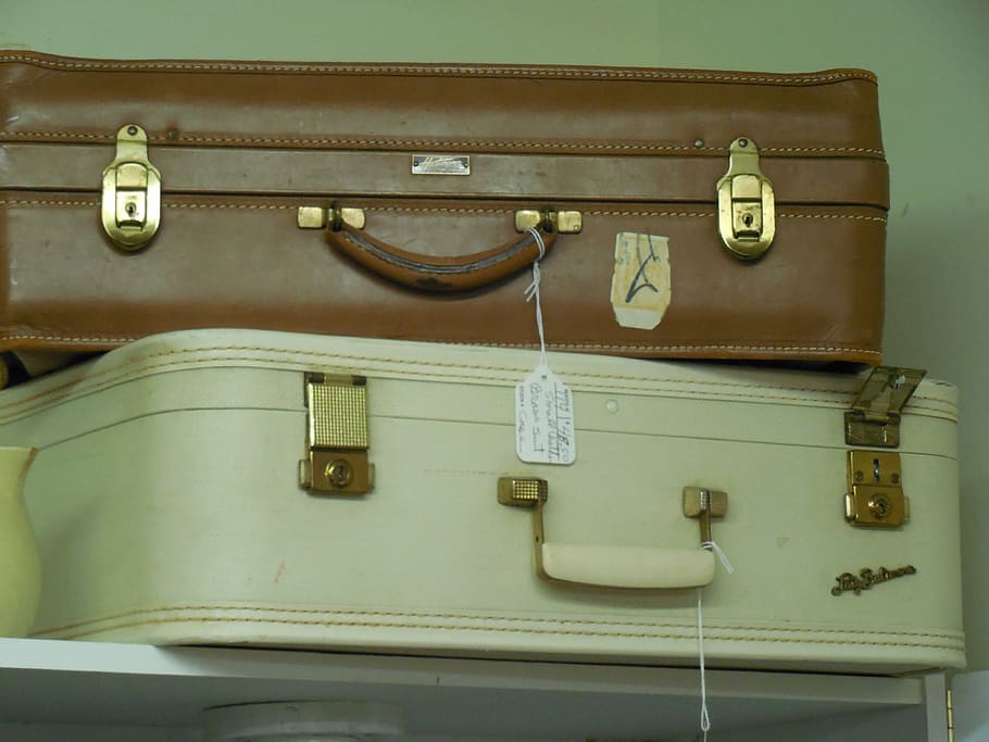two, white, brown, leather luggage, shelf, leather, luggage, travel, suitcase, journey