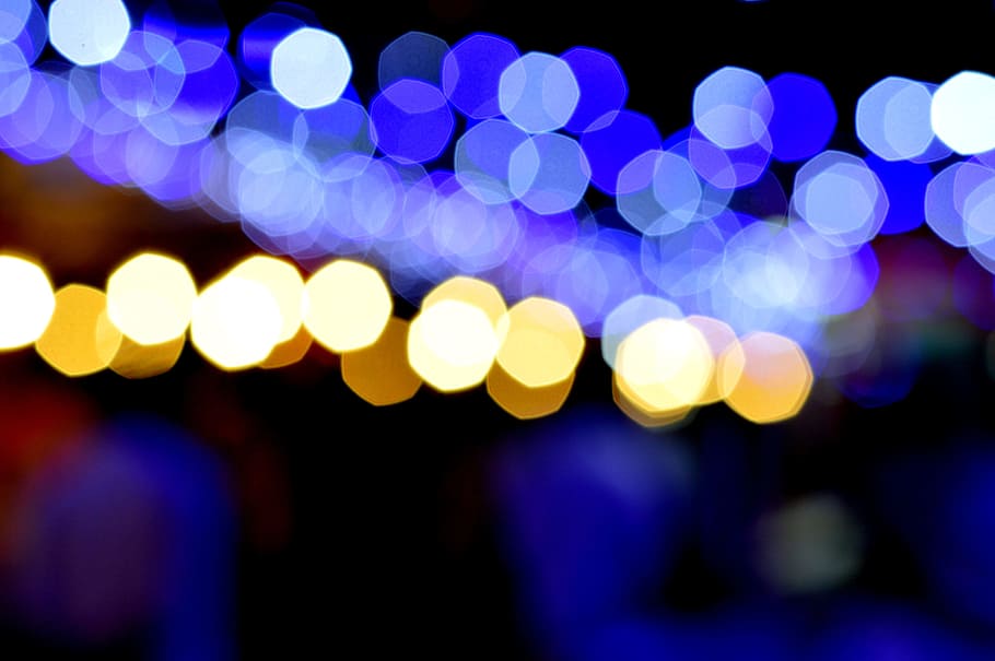 blue, yellow, bokeh light photography, blurred, bokeh, bright, city lights, illuminated, lights, night