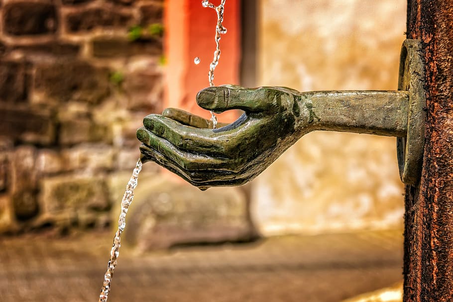 selective, focus photography, begging, hand bust, fountain, water, flow, wet, water feature, splash