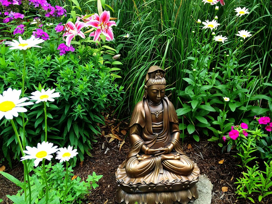 gautama buddha statuette, goddess, garden, statue, female, flower, bronze, daisy, decorative, shiny