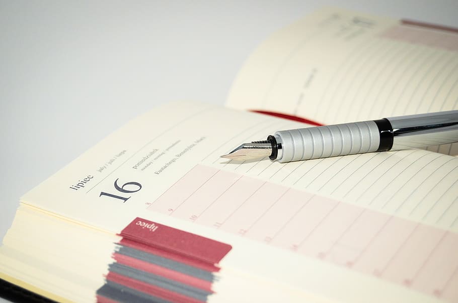 caneta tinteiro, bege, governado, caderno, canetas, caneta, notas, para escrever, escritório, calendário