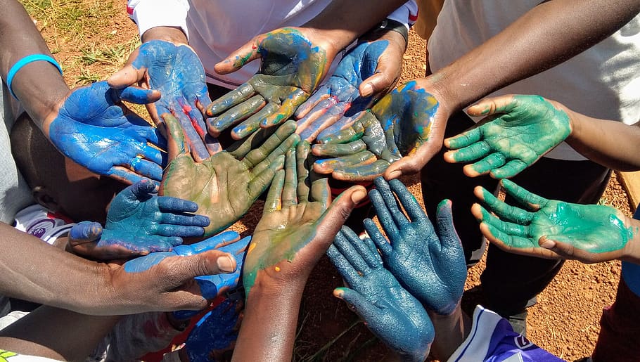hands, teamwork, people, finger paint, blue, green, reach, unity, uganda, art