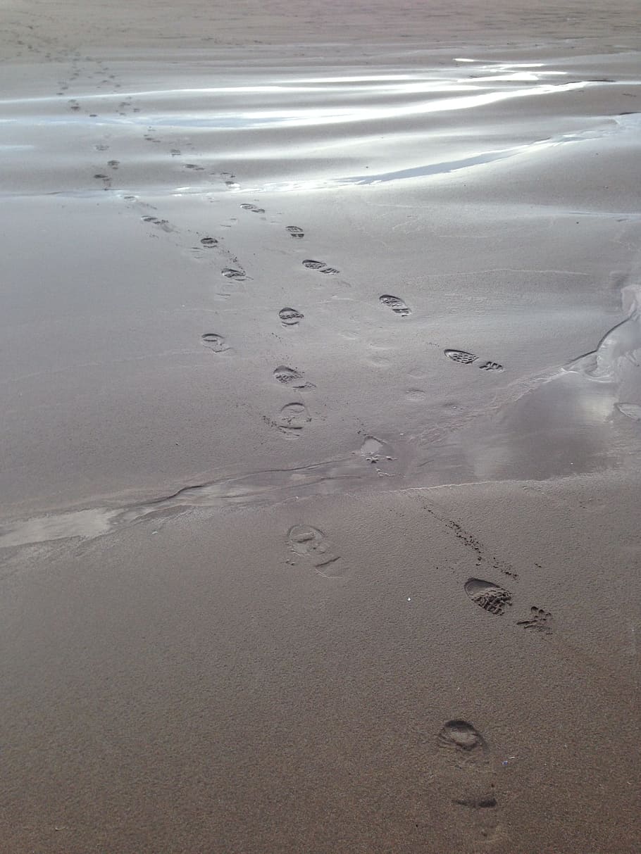 footprints, sand, beach, foot, walk, step, barefoot, journey, seashore, texture