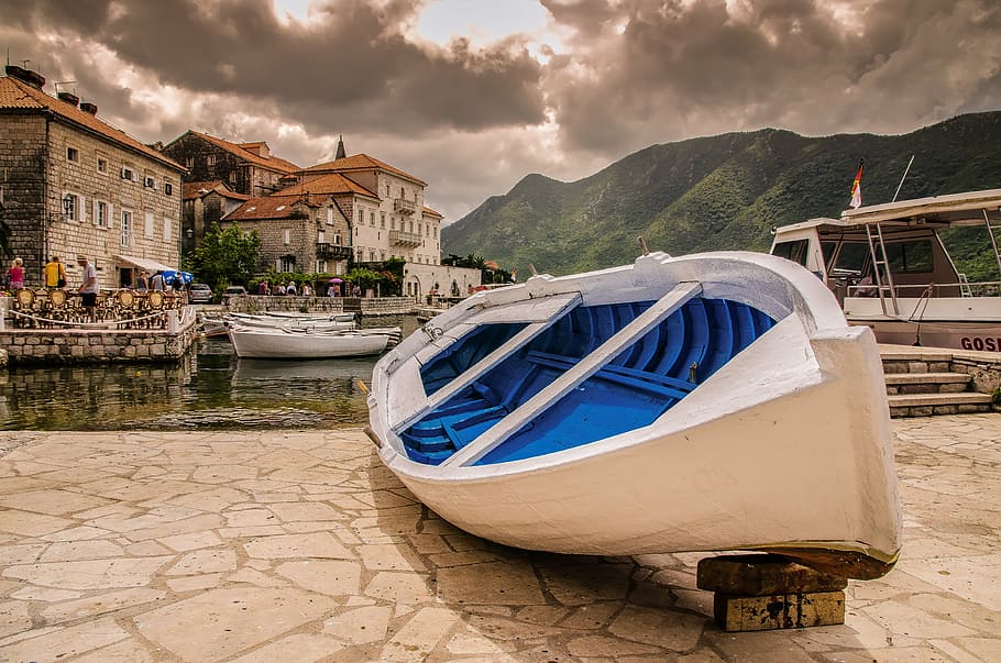 white canoe boat, ship, balkan, bay of kotor, boot, montenegro, nautical Vessel, sea, harbor, europe